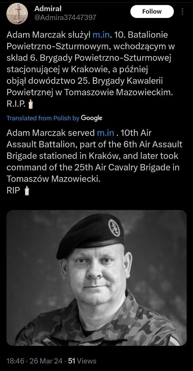 Польские СМИ: генерал Адам Марчак внезапно скончался по «естественным причинам»