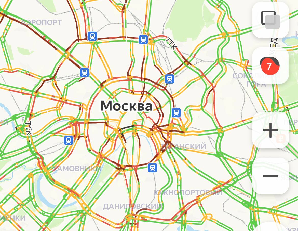 Пробки в Москве днём 7 баллов
